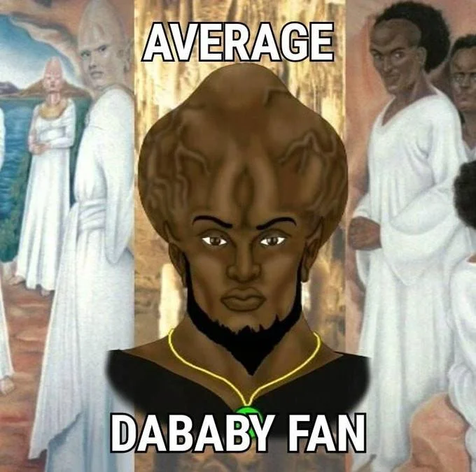Meme showing Yakub illustration labeled Average DaBaby Fan with robed figures beside it