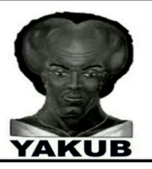 Black and white Yakub illustration with name label underneath