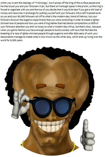 Cartoon Yakub with sunglasses next to long text narrating the Nation of Islam origin story