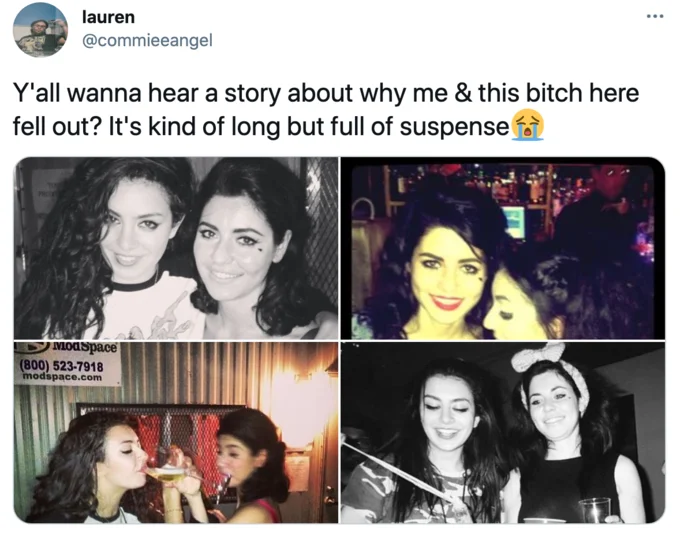 Y'all Wanna Hear A Story About Why Me & This Bitch Here Fell Out?! — Original Aziah Zola King tweet from October 2015 with four selfies and the viral story's