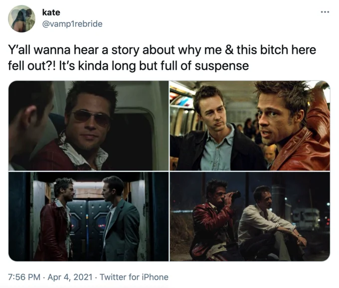 Y'all Wanna Hear A Story About Why Me & This Bitch Here Fell Out?! — Hunter Harris tweet with Succession scenes of Logan and Kendall Roy using the Zola meme