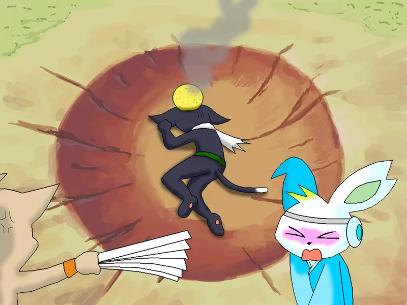Yamcha's Death Pose — Cat character lying in a crater with onlookers reacting