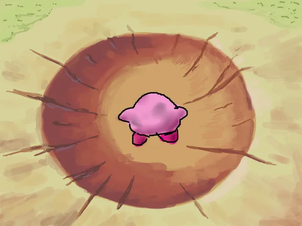 Yamcha's Death Pose — Pink Kirby character in a Yamcha-style crater