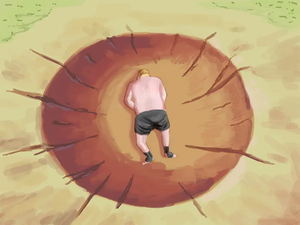 Yamcha's Death Pose — Shirtless cartoon man face-down in a crater parody