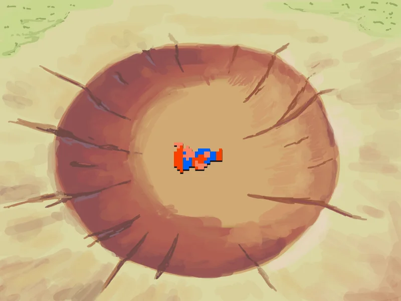 Yamcha's Death Pose — Pixel Super Mario sprite lying in a Yamcha-style crater