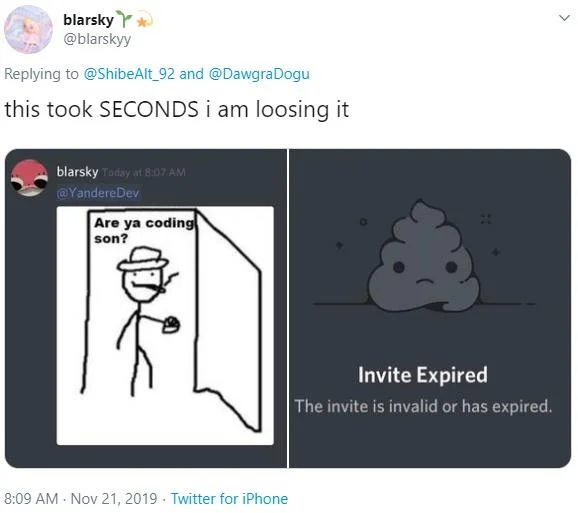 Yanderedev Discord Ban Speedruns — Tweet showing meme post followed by Discord invite expired screen