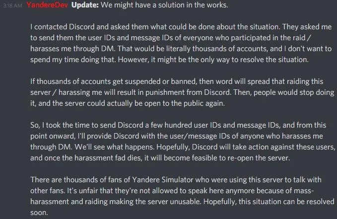Yanderedev Discord Ban Speedruns — YandereDev Discord update about reporting raiders to Discord staff