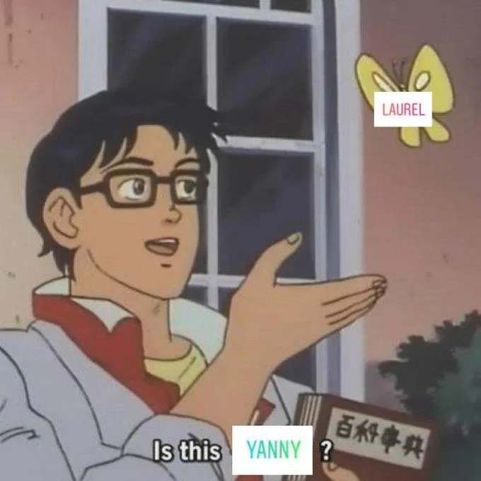 Yanny vs Laurel — Anime character pointing scene labeled with 'Is this YANNY?' and 'LAUREL?' questioning perception.