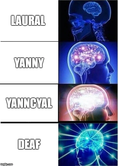 Yanny vs Laurel — Four-tier expanding brain meme with increasingly glowing neural imagery labeled with different Yanny/Laurel perception variations.