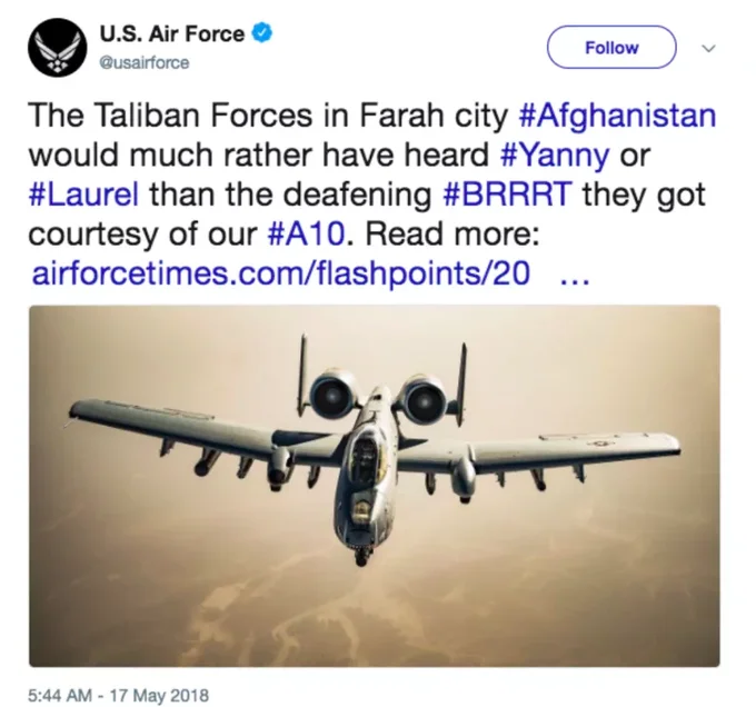 Yanny vs Laurel — Social media screenshot from official military account humorously referencing Yanny/Laurel debate with aircraft imagery.