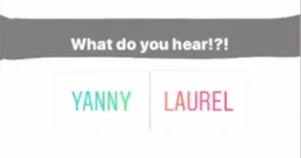 Yanny vs Laurel — Minimalist design asking 'What do you hear?!' with YANNY in cyan and LAUREL in magenta separated by vertical line.