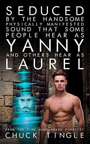 Yanny vs Laurel — Parody book cover in absurdist author style with extended title about physically manifested sound phenomenon.