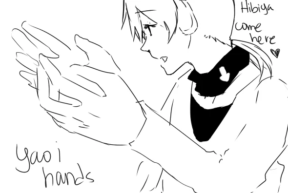 Fan sketch of character with disproportionately large hands annotated 'yaoi hands'.
