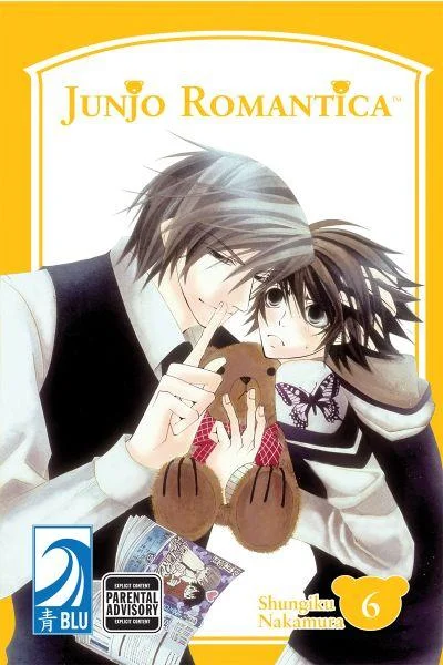 Yaoi Hands — English cover of Junjo Romantica volume 6 showing male characters in romantic pose with stuffed bear.