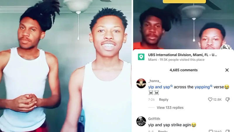 Split image of the Yip and Yap duo in white tank tops next to TikTok comments referencing them yapping