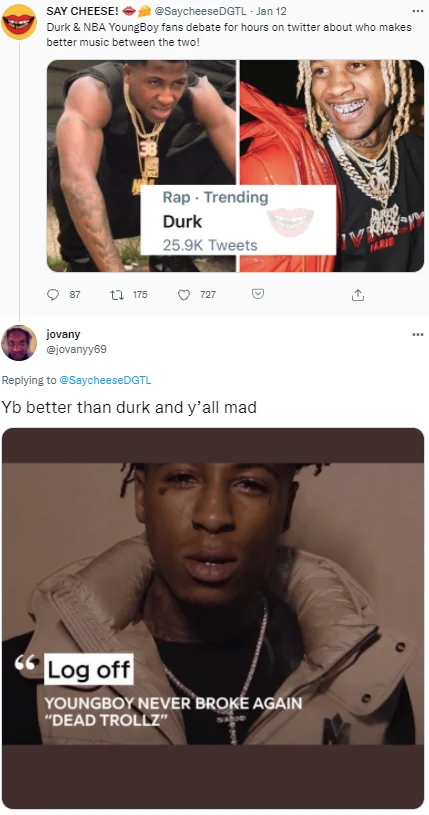 Twitter reply saying 'Yb better than durk and y'all mad' under a Durk vs YoungBoy debate post