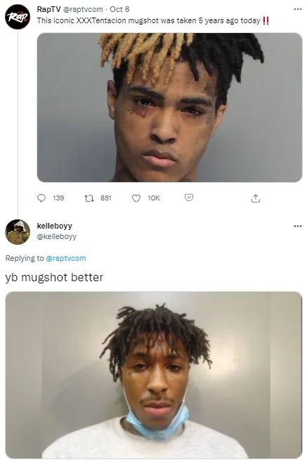 Yb Better — Reply to XXXTentacion mugshot post reading 'yb mugshot better' with NBA YoungBoy mugshot