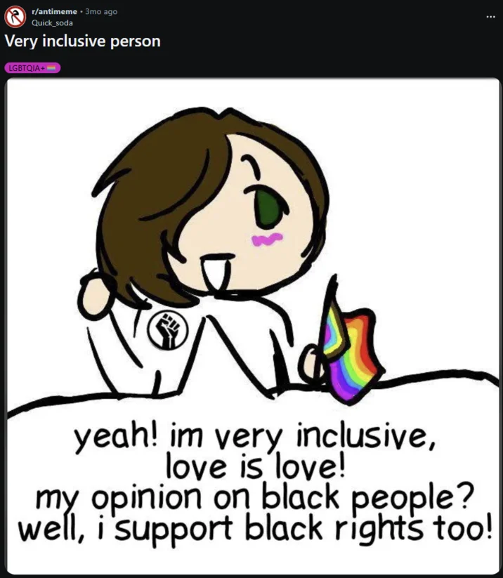 Yeah! I'm Very Inclusive — Reddit r/antimeme screenshot of the very inclusive person meme