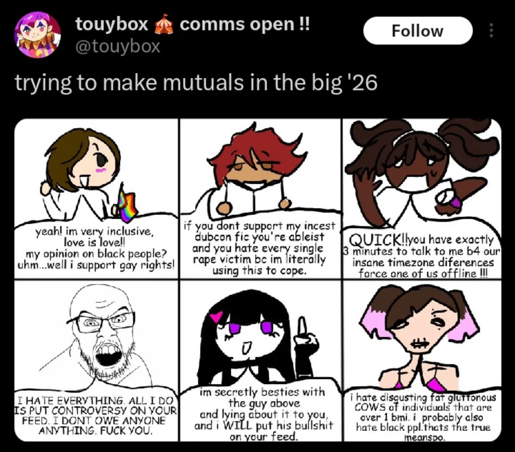 Yeah! I'm Very Inclusive — Full-resolution touybox tweet with six-panel mutuals-in-2026 comic