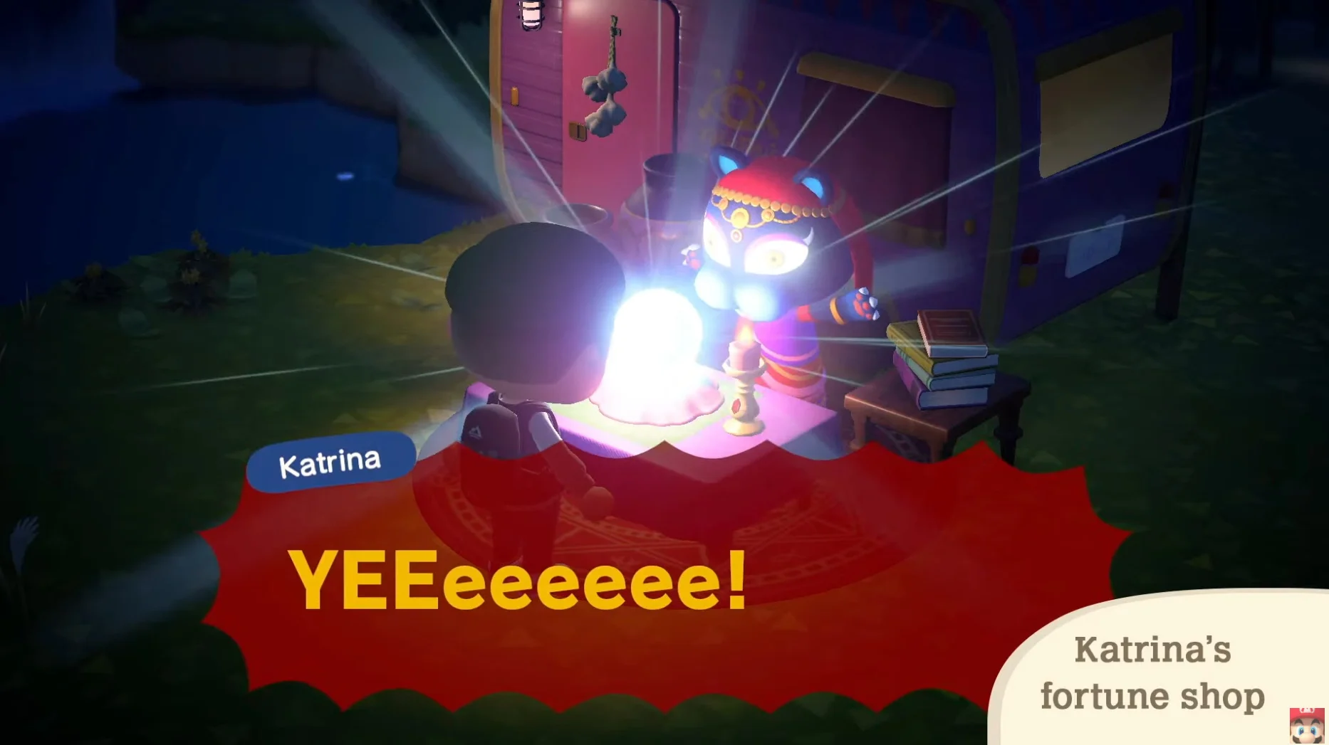 Animal Crossing screenshot with Katrina the fortune teller and YEEeeeeee banner
