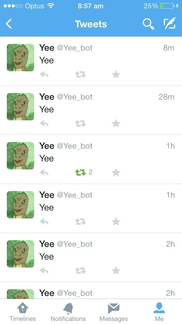 Twitter screenshot of the Yee_bot account posting Yee repeatedly