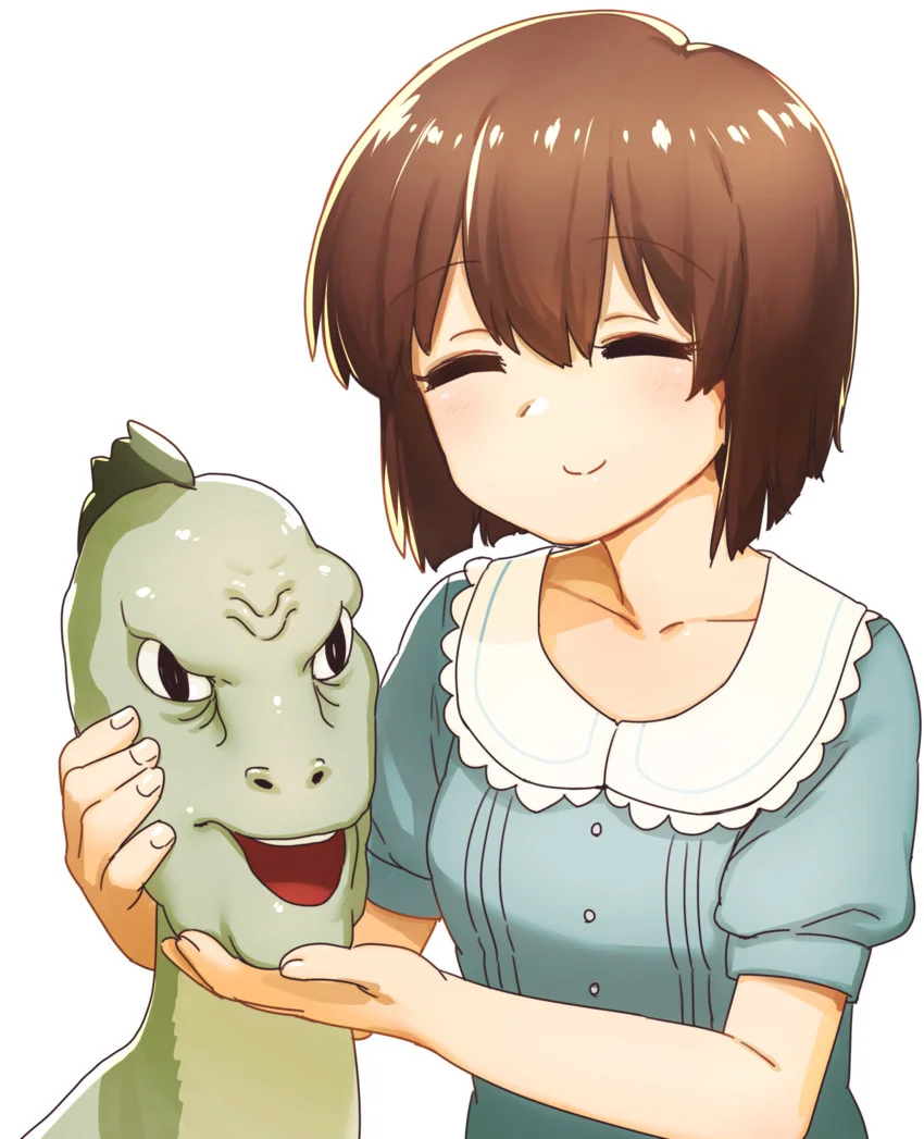 Anime-style fanart of a girl holding the Yee dinosaur