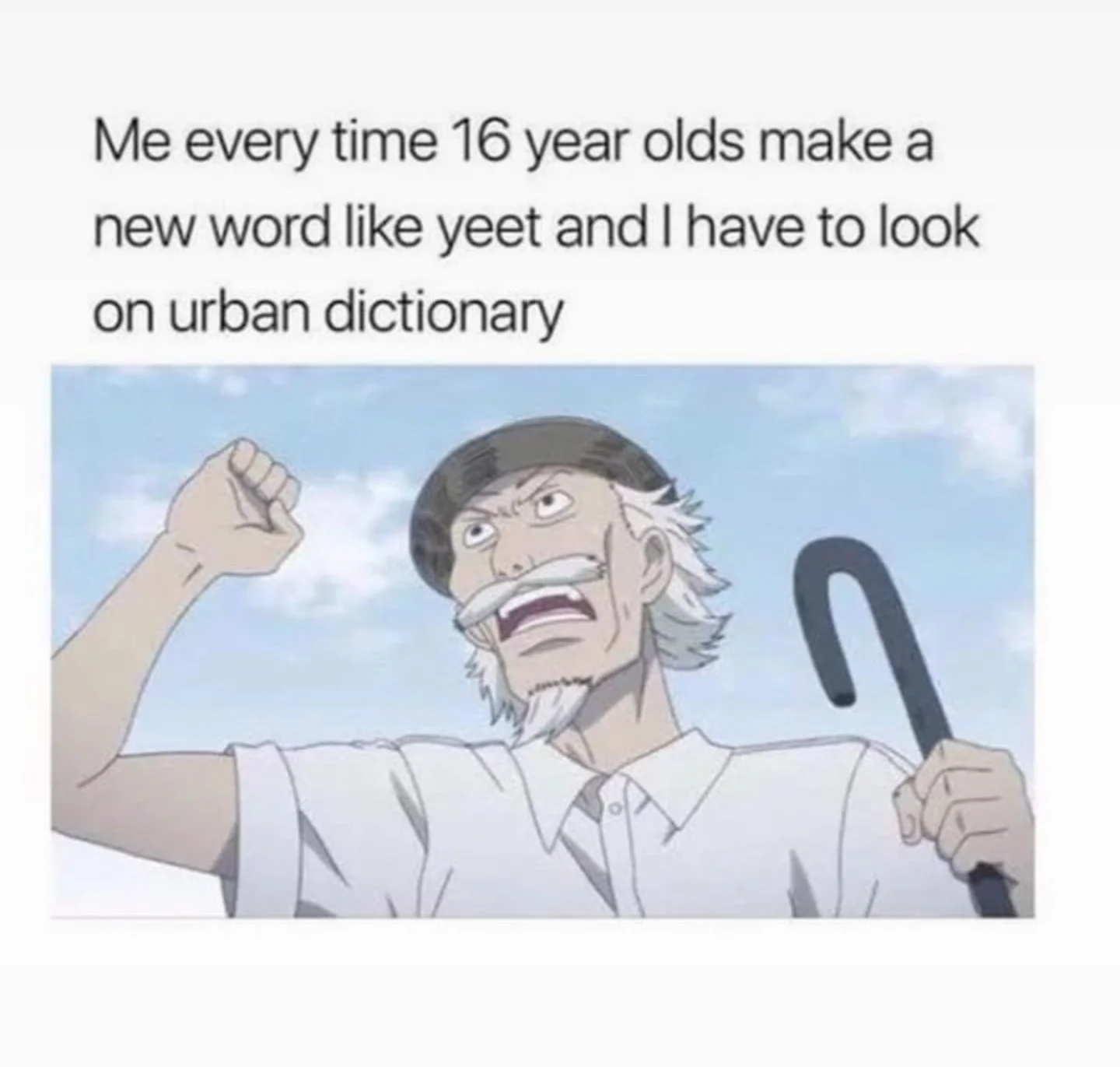 Anime meme of elderly man raising fist about looking up new slang like yeet on Urban Dictionary.