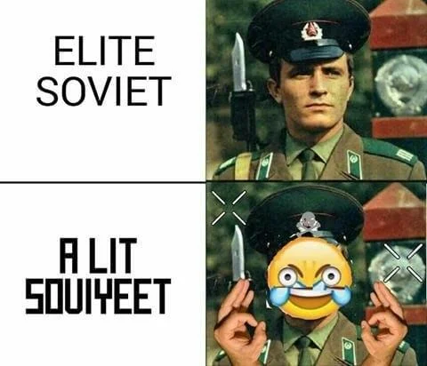 Two-panel meme transforming serious Soviet soldier into laughing 'SOUIYEET' version.