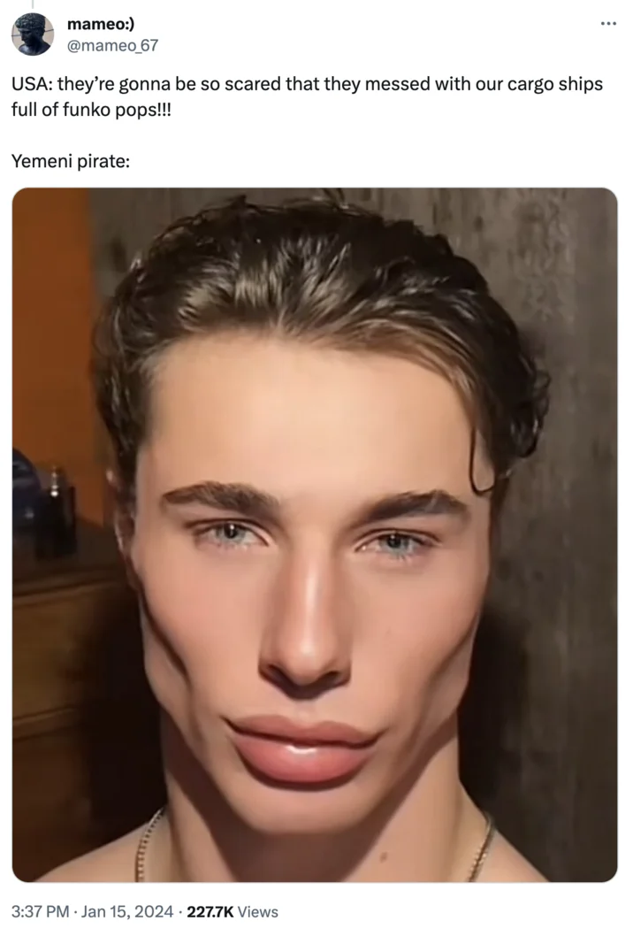 Yemeni Pirate Thirst Trap Tiktok — Edited glamour photo of Yemeni pirate with tweet about US cargo ships