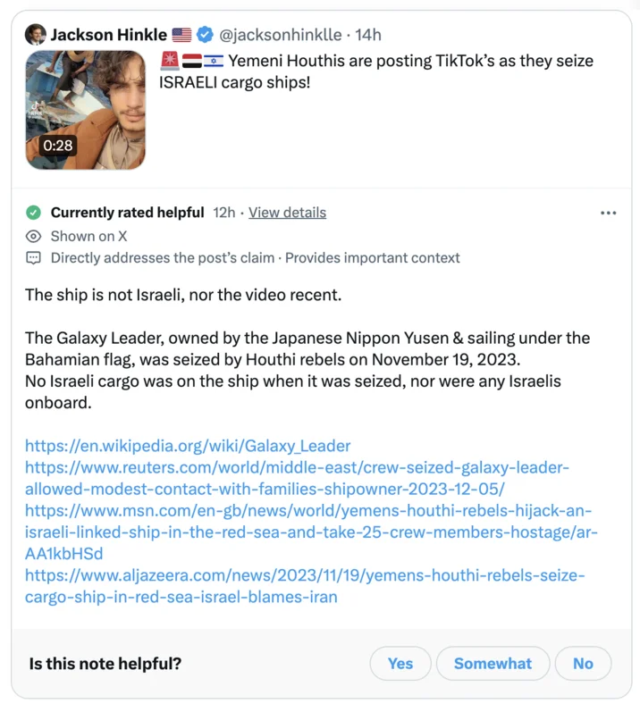 Yemeni Pirate Thirst Trap Tiktok — Twitter community note correcting misinformation about Galaxy Leader ship seizure