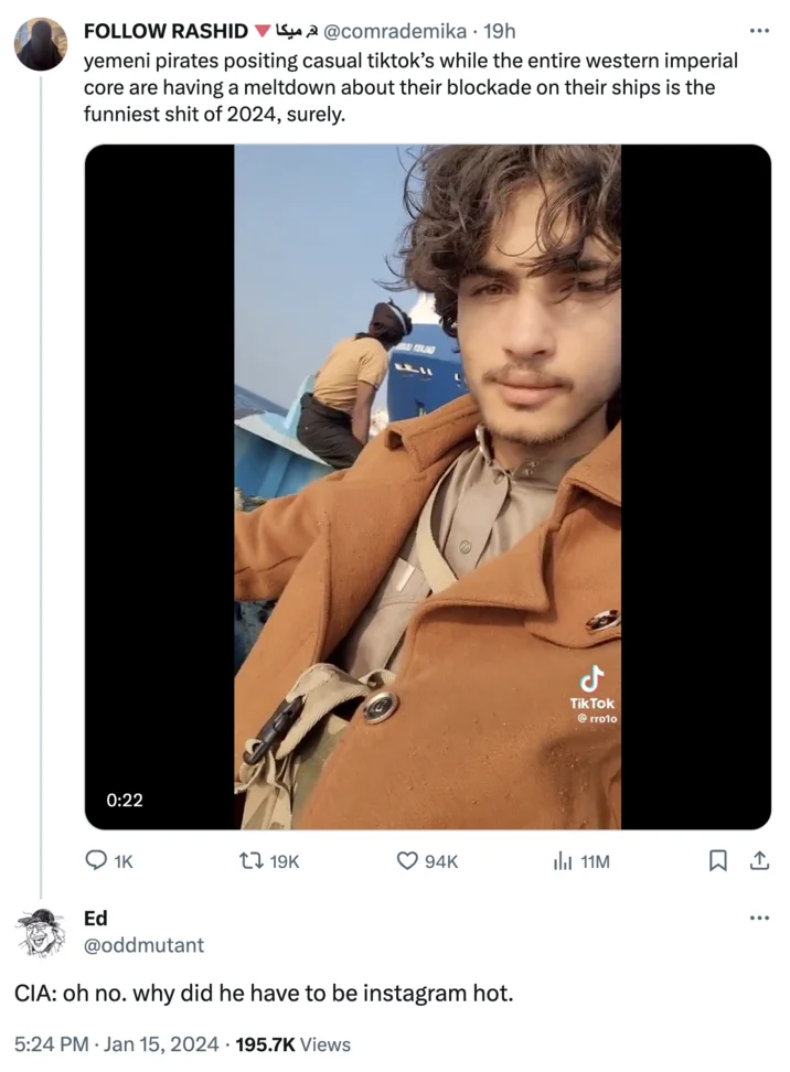Yemeni Pirate Thirst Trap Tiktok — Twitter reply calling the Yemeni pirate Instagram hot