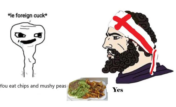 Meme with soyjak mocking British food and English Yes Chad saying Yes