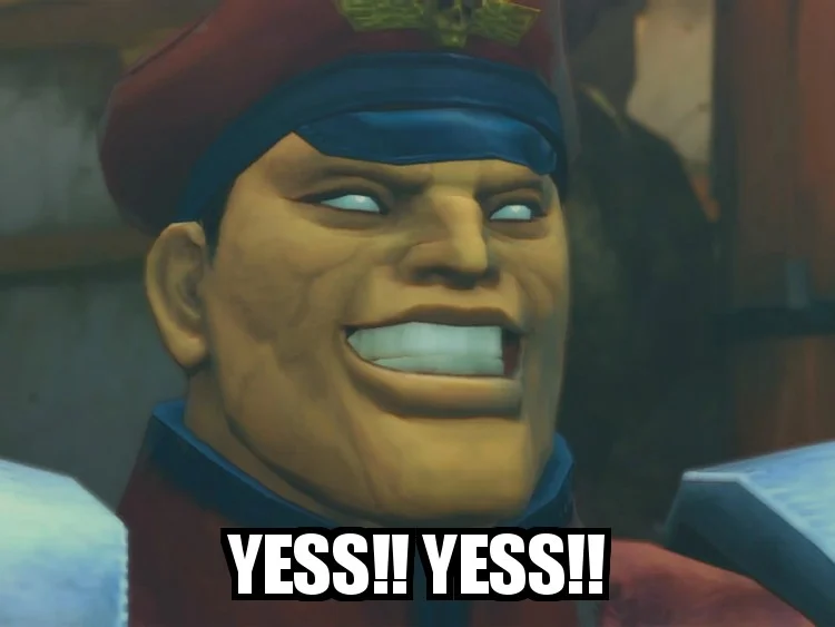 Yes! Yes! — 3D Street Fighter IV M. Bison grinning with YESS YESS caption