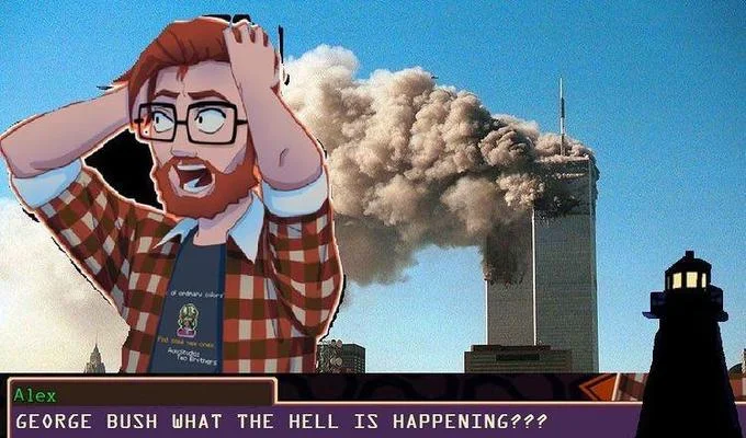 YIIK: A Postmodern RPG — Meme of YIIK's Alex Eggleston freaking out in front of the burning World Trade Center with a dialogue box about George Bush.