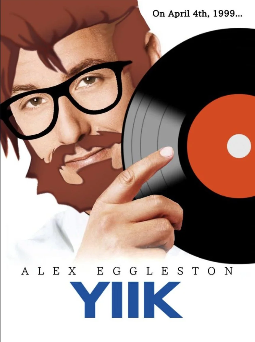 YIIK: A Postmodern RPG — High Fidelity movie poster parody with YIIK's Alex Eggleston face holding a vinyl record and the title 'YIIK'.