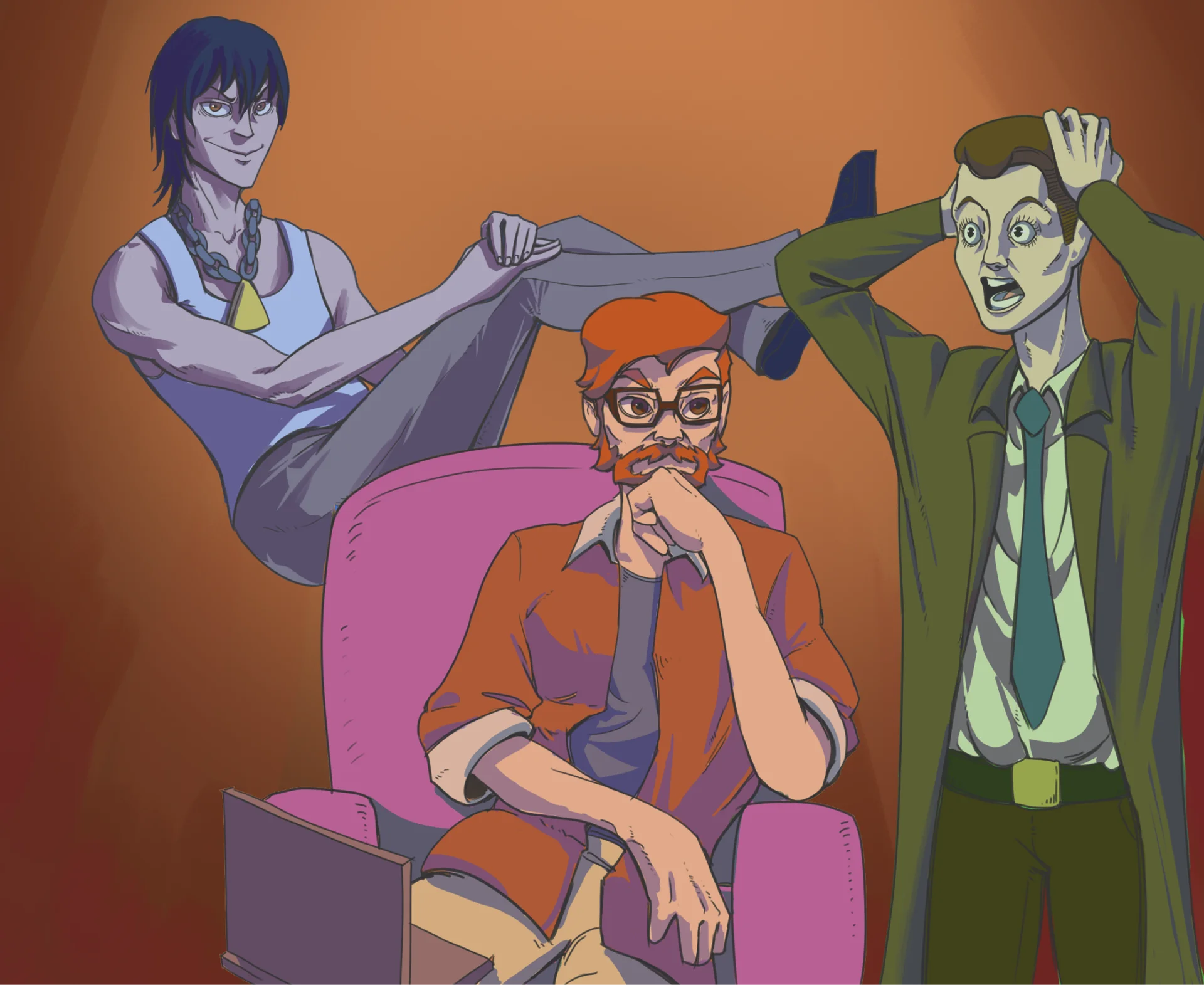 YIIK: A Postmodern RPG — Fan art of three YIIK characters including Alex Eggleston seated smugly in a pink armchair.