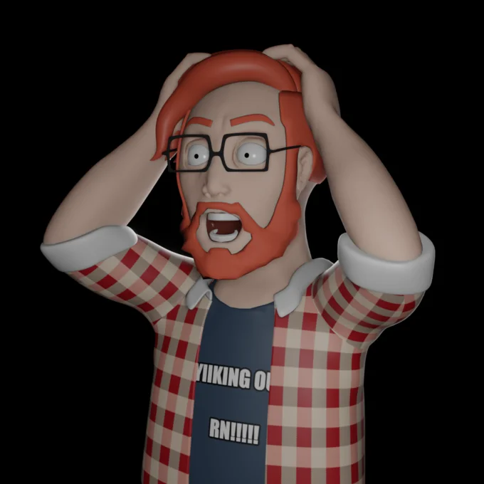 YIIK: A Postmodern RPG — 3D render of a red-haired bearded man with glasses holding his head and shouting while wearing a shirt saying 'YIIKING OUT RN!!!!!'.