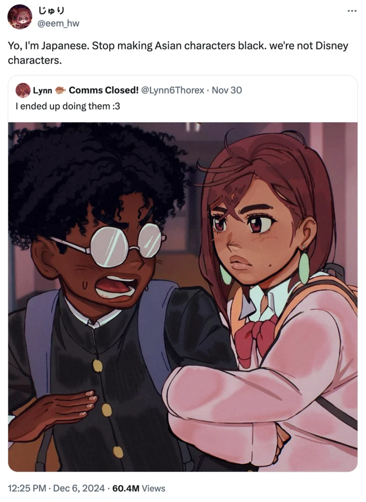 Viral @eem_hw tweet reading 'Yo, I'm Japanese. Stop making Asian characters black.' with 60.4M views.