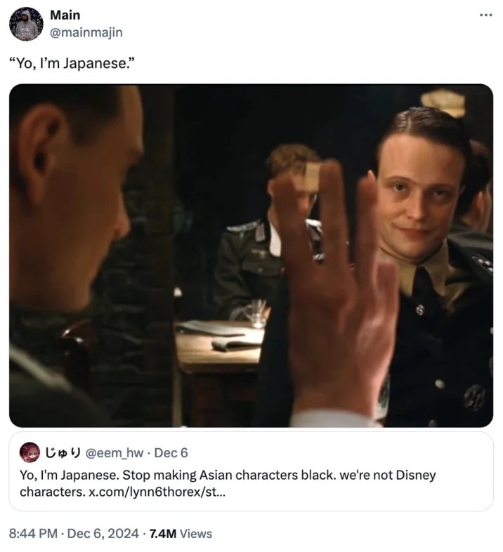 Reaction tweet with the Inglourious Basterds three-finger scene joking about the 'Yo, I'm Japanese' tweet.