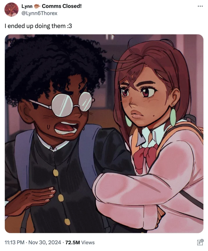 Yo, I'm Japanese — Original Lynn6Thorex tweet showing redesigned anime characters with 72.5 million views.