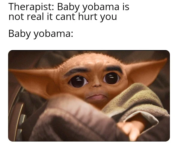 Baby Yoda from The Mandalorian with Barack Obama's facial features edited onto him, captioned 'Baby yobama'.