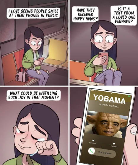 Comic strip ending with a phone showing an incoming FaceTime call labeled YOBAMA with the Yobama face.