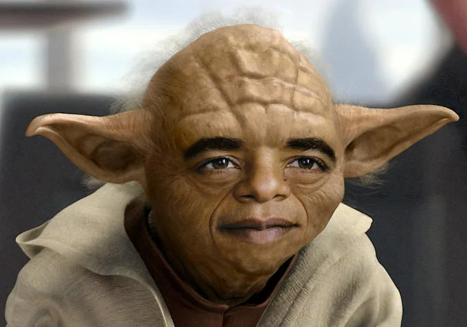 Full portrait of Yobama, Yoda's body with Obama's face edited in.
