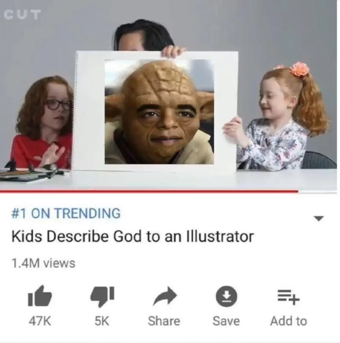 Fake YouTube screenshot of 'Kids Describe God to an Illustrator' where the drawing is the Yobama face.