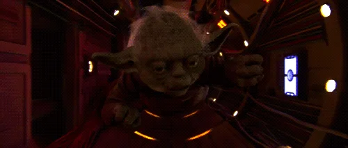 Yoda Crawling Through Electrical Vent — Yoda navigates through red-lit electrical vent with illuminated wires and determined expression.