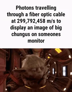 Yoda Crawling Through Electrical Vent — Yoda's focused crawl paired with scientific description of photons in fiber cables.