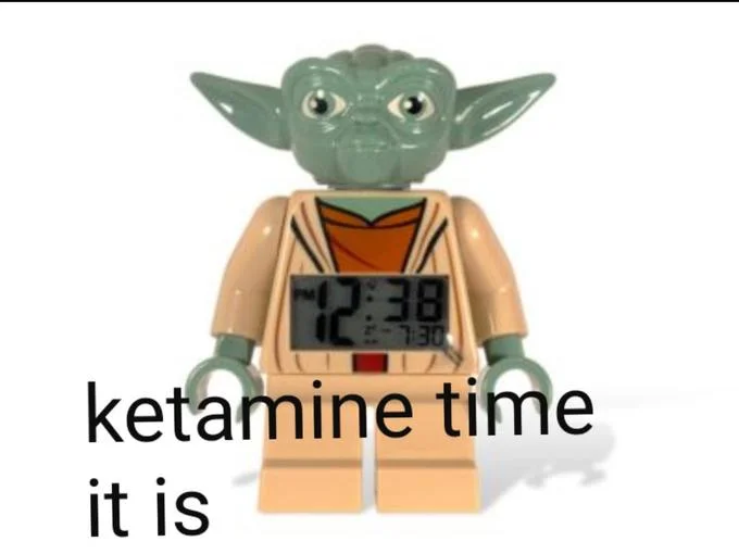 LEGO Yoda alarm clock with caption 'ketamine time it is'