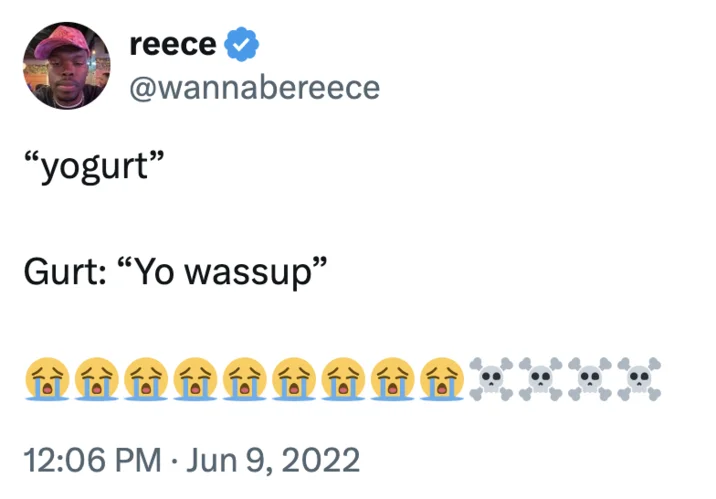Yogurt Gurt Yo — Tweet by reece with joke about yogurt and Gurt: Yo wassup followed by crying laughing emojis