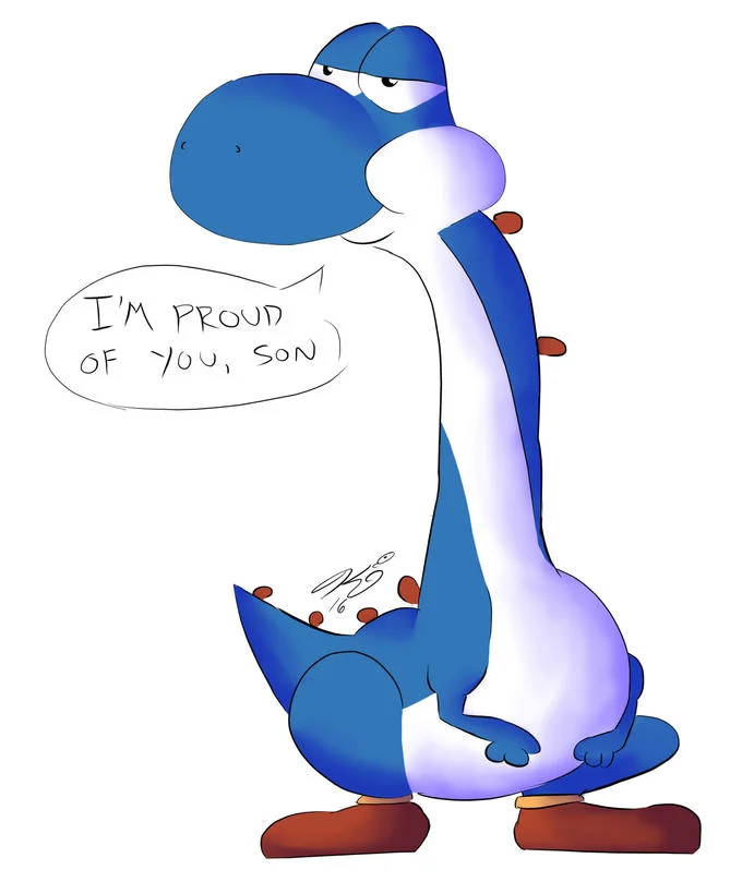Tall blue Yoshi fan art saying I'm proud of you, son in a speech bubble