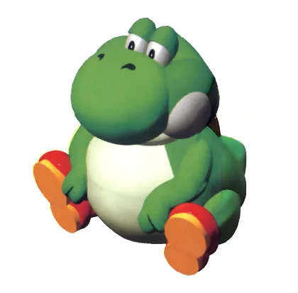 Chubby Fat Yoshi character sitting with a worried expression on a white background